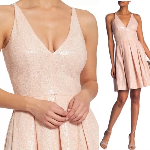 DRESS THE POPULATION COLETTE SLEEVELESS FIT & FLARE SEQUIN PINK NUDE PARTY DRESS - Picture 3 of 14